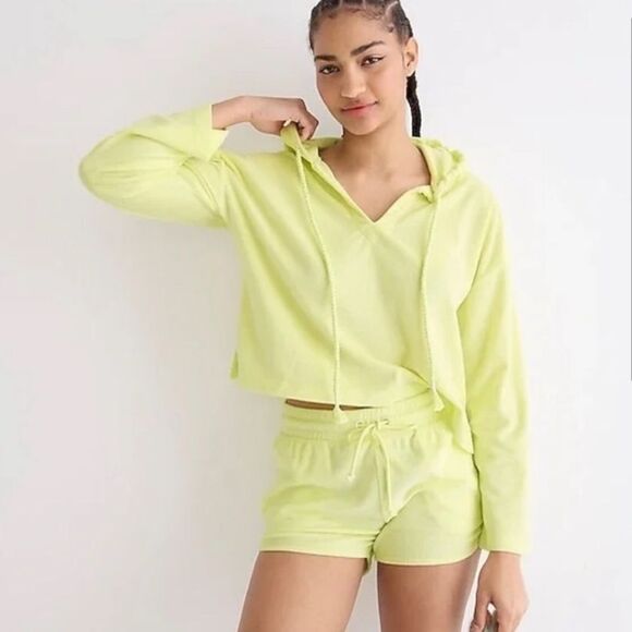 J. Crew Towel Terry Open V Neck Hoodie Yellow Small FLAWS - Picture 1 of 9